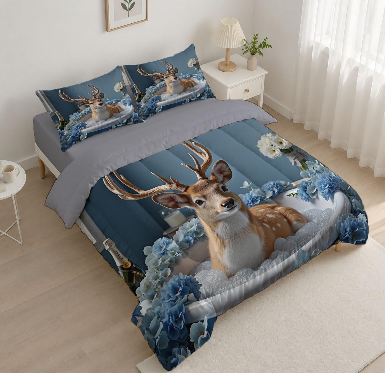Realistic Style Comforter Set Twin Size, Animal Deer Bathing Print Breathable Bedding Set for Girls Boys Teens, Ice Blue Quilt Duvet with 2 Pillow Cases