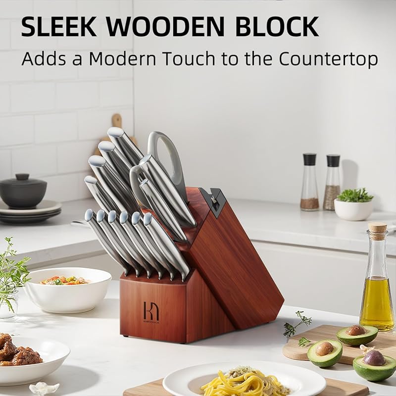 Knife Set Premium, Japanese High Carbon Stainless Steel 14 Pcs Kitchen Knives Block Set with Built-in Sharpener and Wood Block, Razor Sharp Knife Sets for Kitchen with Ergonomic Handle Cherry Red