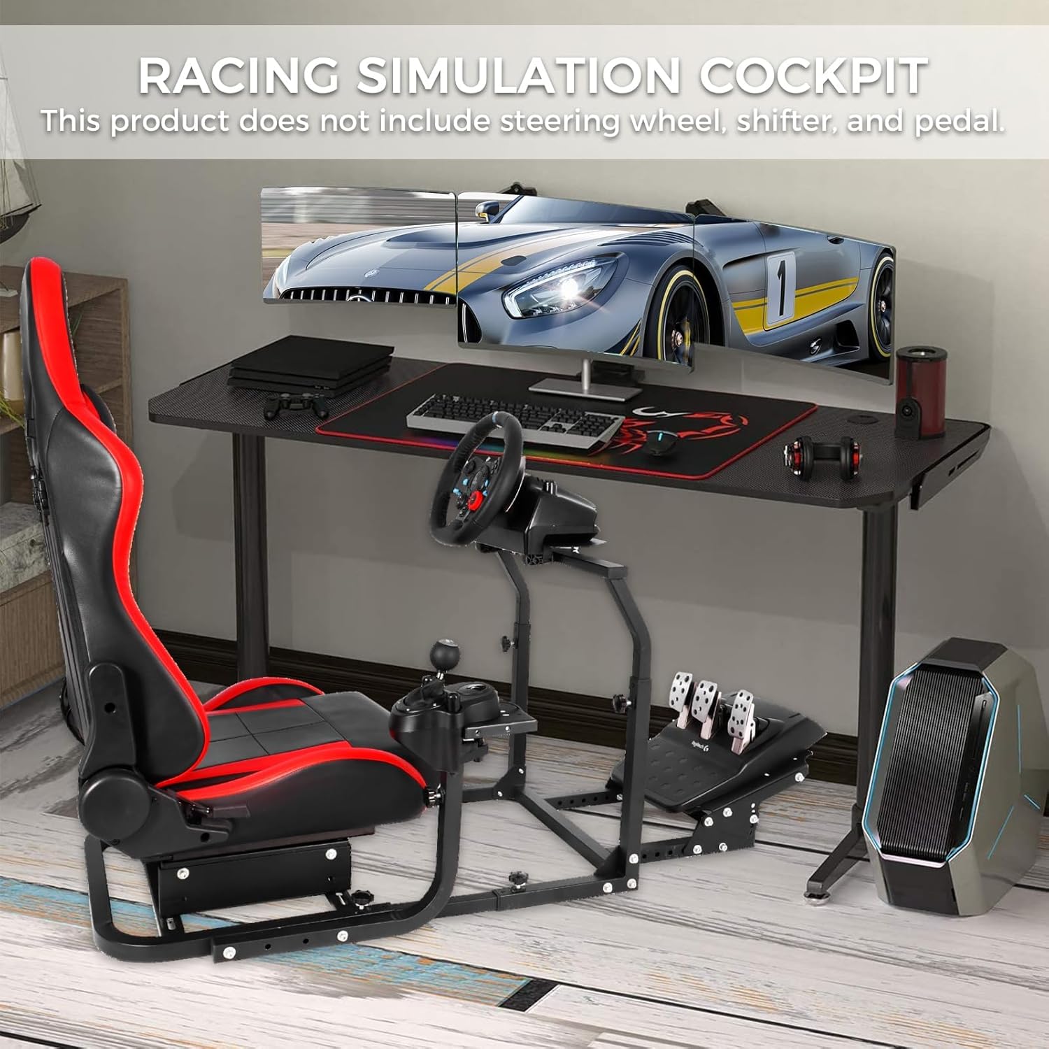 Hottoby Racing Simulator Cockpit with Red Seat Fits for Logitech/Thrustmaster G29 G920 G923,Stability Upgrade Multi-level Adjustment Gaming Stand,No Handbrake,Pedals & Steering Wheel