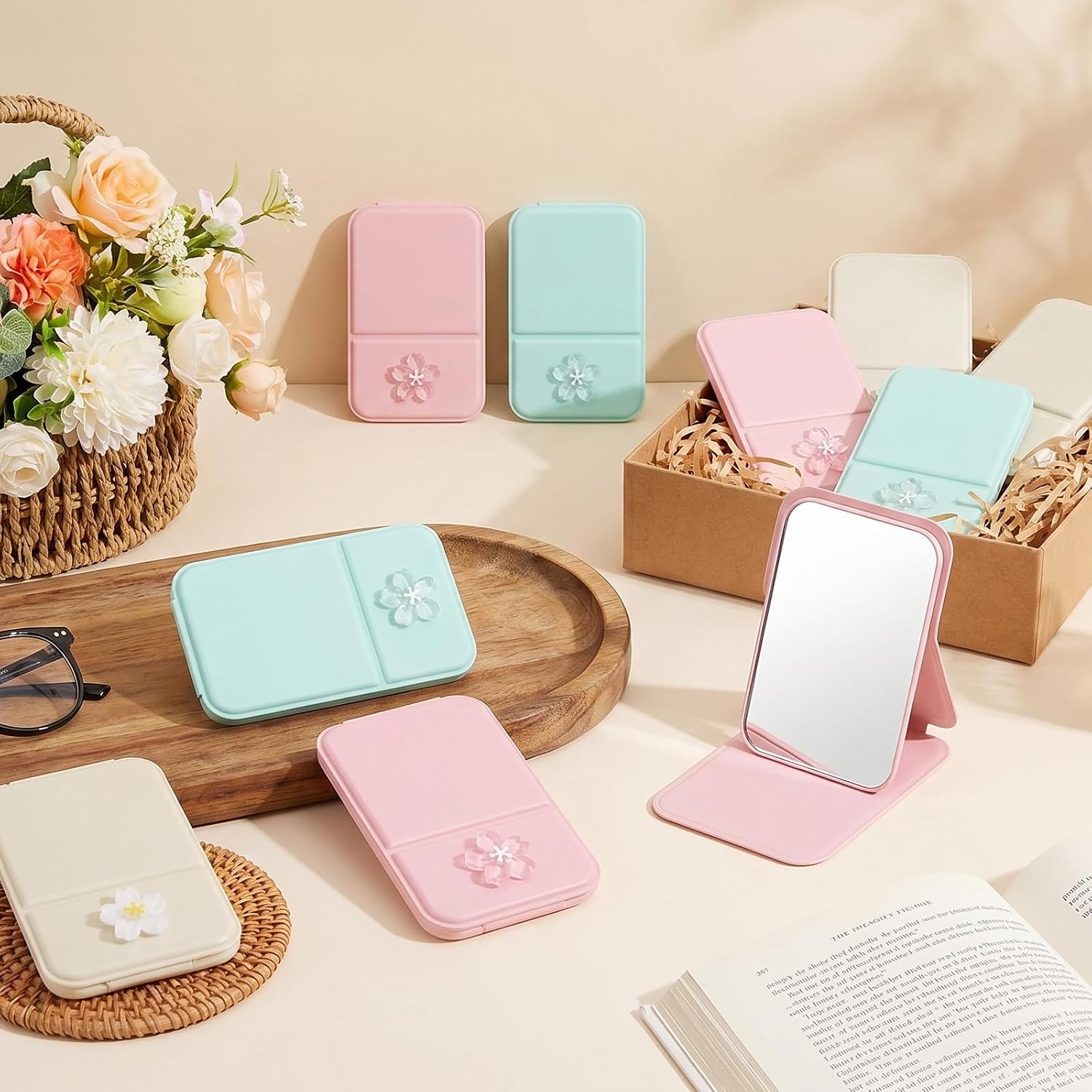 24 Pcs Compact Mirror Bulk, Mini Fold Flowers Mirrors 3 Colors Portable Pocket Mirror for Party, Travel, Gifts (4.33 x 2.75 Inch)