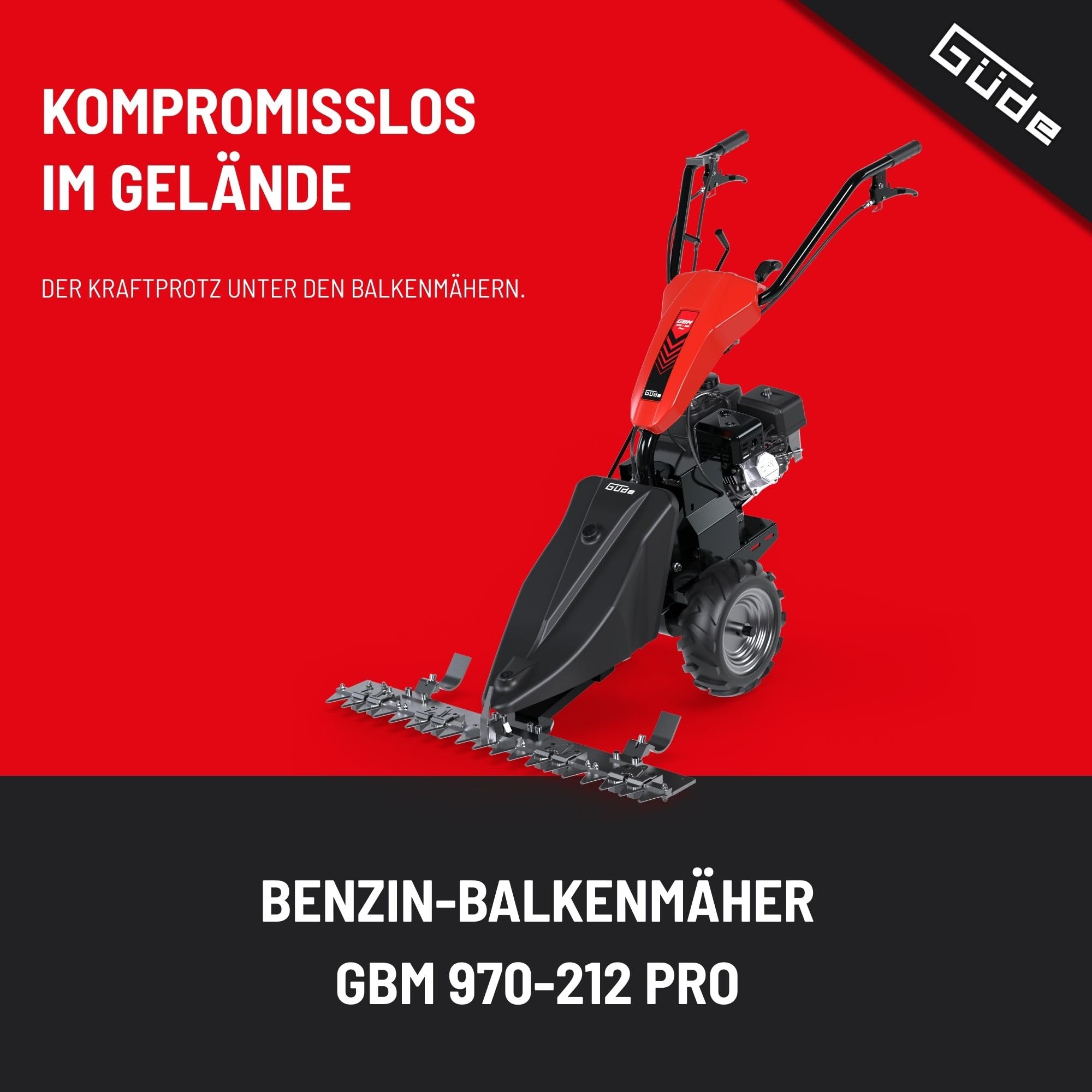 Güde GBM 970-212 Pro Benzin-Balkenmäher - 4-Takt, 212 Kubikzentimeter Hubraum, 4,3 Kilowatt, 5,8 PS, 97 Zentimeter Schnittbreite, 3-8 cm Schnitthöheneinstellung, Radantrieb, vibrationsgedämpfter Holm