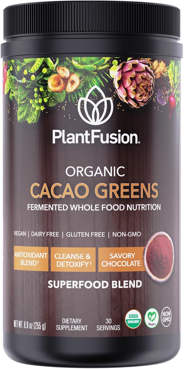 SOTRU Raw Organic Cacao Powder & Super Greens - Fermented Superfood Blend with Digestive Enzymes, Prebiotic Fiber & Antioxidants - Organic, Non-GMO, Gluten Free, Vegan - Chocolate, 30 Servings, 8.47oz