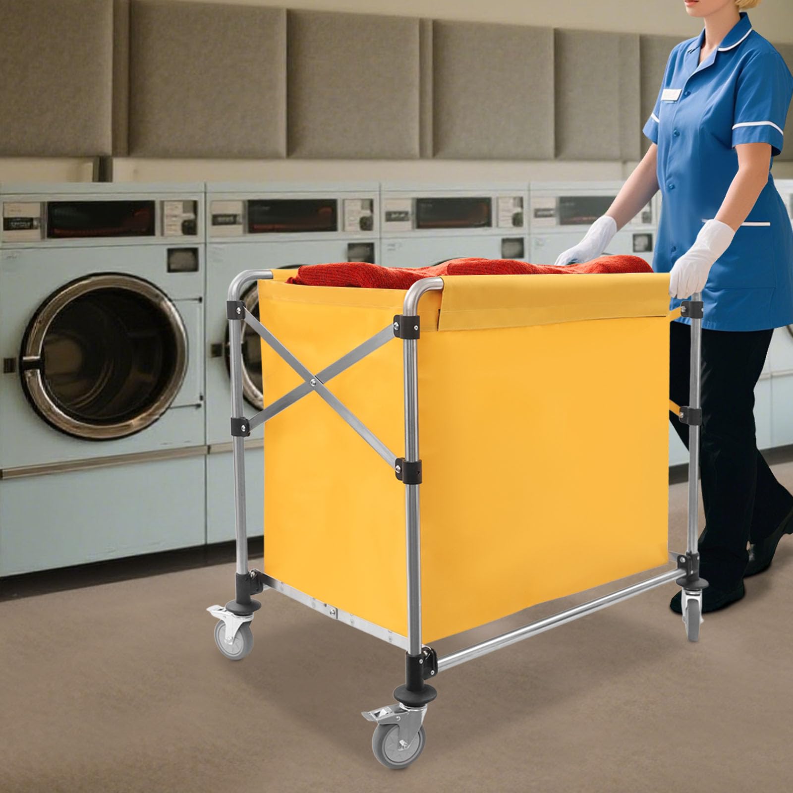 Carrello portabiancheria in acciaio inox, con ruote, pieghevole, portata fino a 100 kg, per la biancheria domestica, 90 x 60 x 88 cm (giallo)