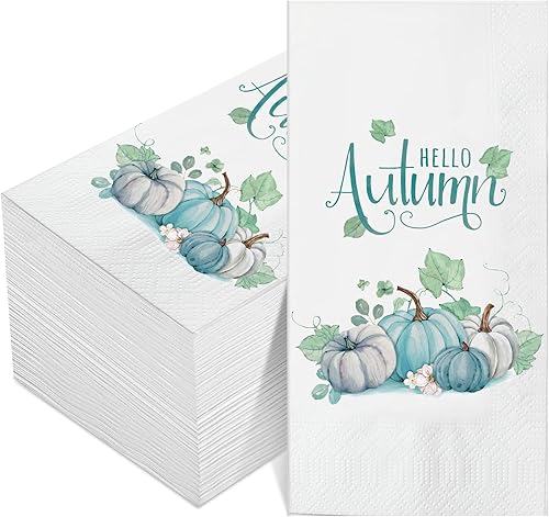 Paquete de 100 servilletas de papel desechables de otoño con calabazas azules de Acción de Gracias, toallas de mano desechables de 3 capas para