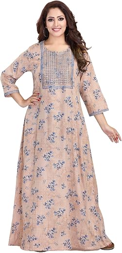 Sanna Women's 3/4 Sleeve Printed Round Neck Embroidered Lounge Nighty (EN-132)