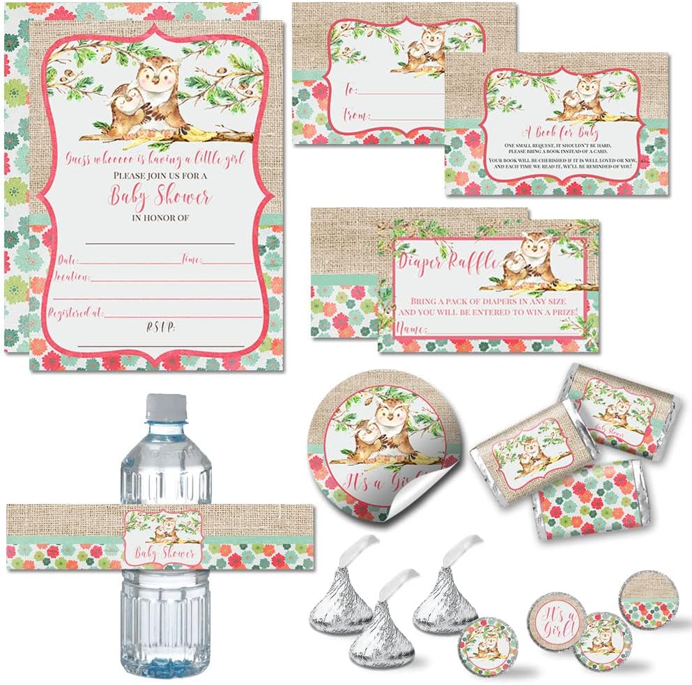 Amanda Creation “Guess Whooo” Cute Owl Girl Baby Shower Party Bundle Includes 20 each of Invitations with Envelopes + 4 Different Sizes of Decorative Stickers, Diaper Tickets & Bring a Book Cards