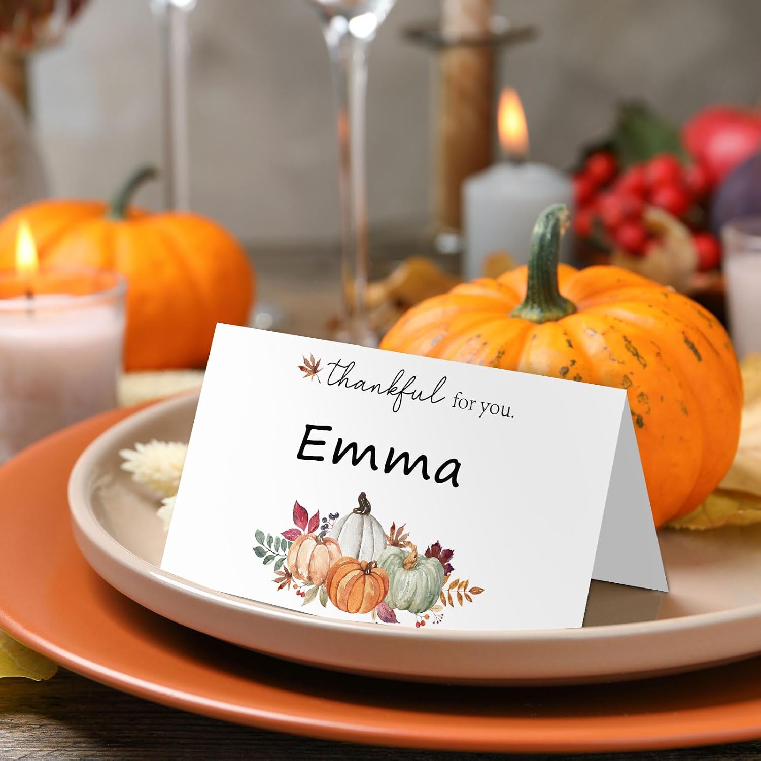 JarThenaAMCS 50Pcs Thanksgiving Table Tent Place Cards Fall Autumn Thankful Pumpkin Guest Seating Cards Name Escort Card Folded Seat Assignment Setting Label for Wedding Baby Shower Birthday Party