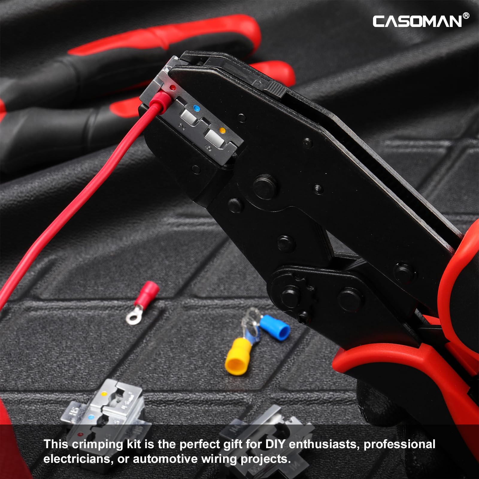 CASOMAN Kit de herramientas de crimpado 6 en 1 y juego de pelacables, 6 tamaños de mandíbula intercambiables, herramienta de crimpado de alambre multiusos, ideal para crimpado, cableado, encogimiento