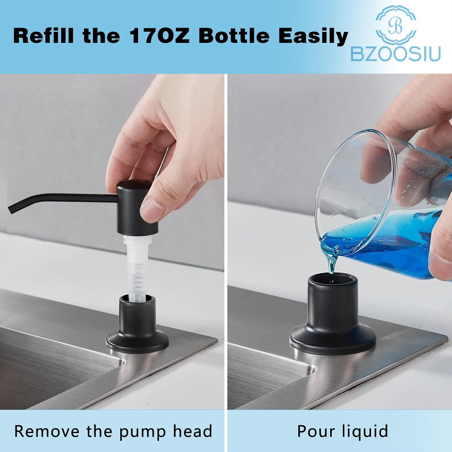 Liquid Soap Dispenser for Kitchen,Built in Sink Soap Dispenser, Stainless Steel, Pump Set for Dish Soap or Lotion, Refill from The Top,Soap Dispenser for Kitchen Sink,17 OZ,Black