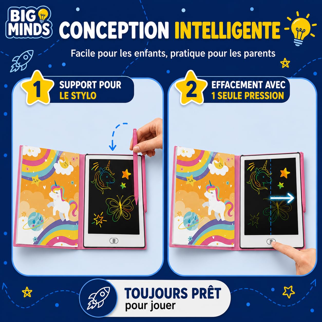 Big Minds - Tablette Dessin Enfant Rainbow Lcd | Tablette Magique Enfant 20 Pochoirs Réversibles | Ardoise Magique Format Livre | Jouet Enfants 4 Ans Effaçable | Cadeau Fille 5 Ans | Jouet 6 Ans