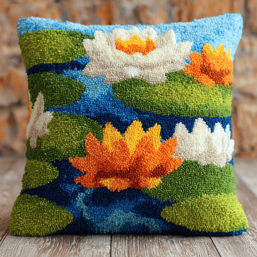 Kitquiver Latch Hook Kits Lily for Adults,Beginners DIY Latch Hook Cushion Kits and Latch Rug Kits Cross-Stitch Embroidery Cushion Cover for Home Sofa Decoration 17X17 in