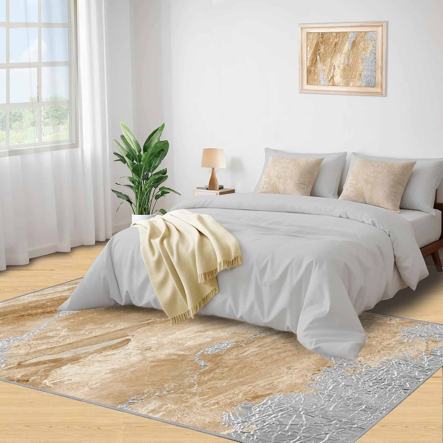 Marble Swirl Abstract Area Rug 100x150 cm - Beige Gold Non-Slip Washable Carpet for Living Room, Bedroom, Kitchen, Soft Short Pile for Dining Room Décor