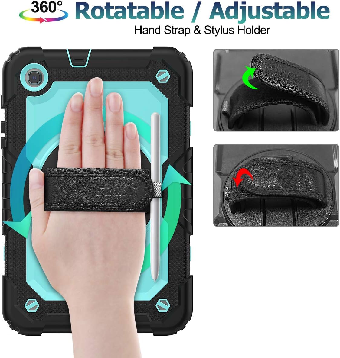 SEYMAC stock Samsung Galaxy Tab A 8.4'' Case 2020 with Screen Protector Pencil Holder [360 Rotating Hand Strap] &Stand, Drop-Proof Case for SM-T307/T307U (SkyBlue+Black)