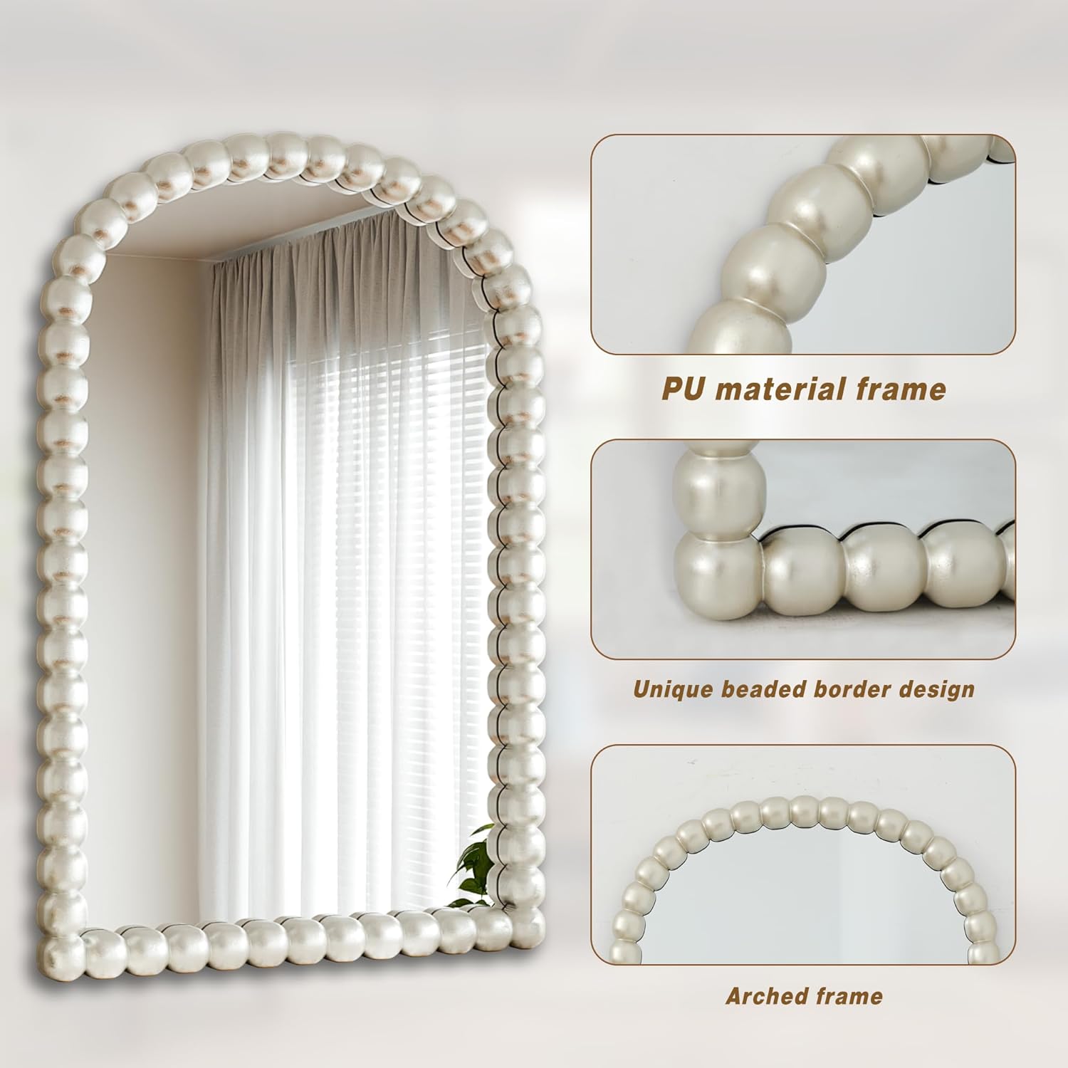 22"×30" Silver Arched Bathroom Vanity Mirror, Vintage Beaded Decorative Wall Mounted Makeup Mirror, as Wall Decor Hanging Leaning for Fireplace Mantle, Living Room, Bedroom, Vanity Area
