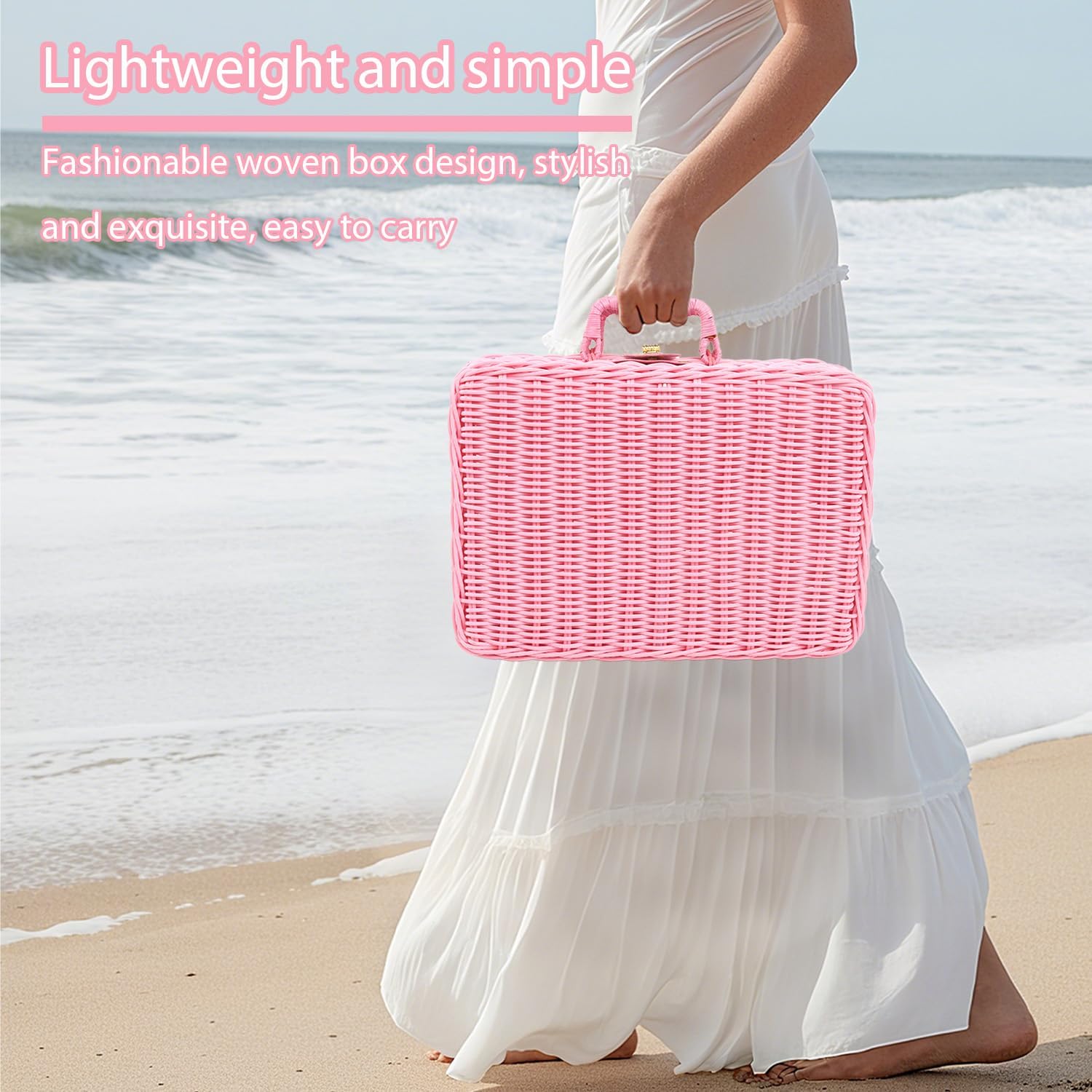 Wicker Picnic Basket with Handle, Vintage Rattan Suitcase Basket, Rustic Storage Box with Leather Strap Lock, Makeup Organizer, Prop Case for Camping Travel, 13.8 x 9.8 x 5.1 Inches (Pink) - Image 7