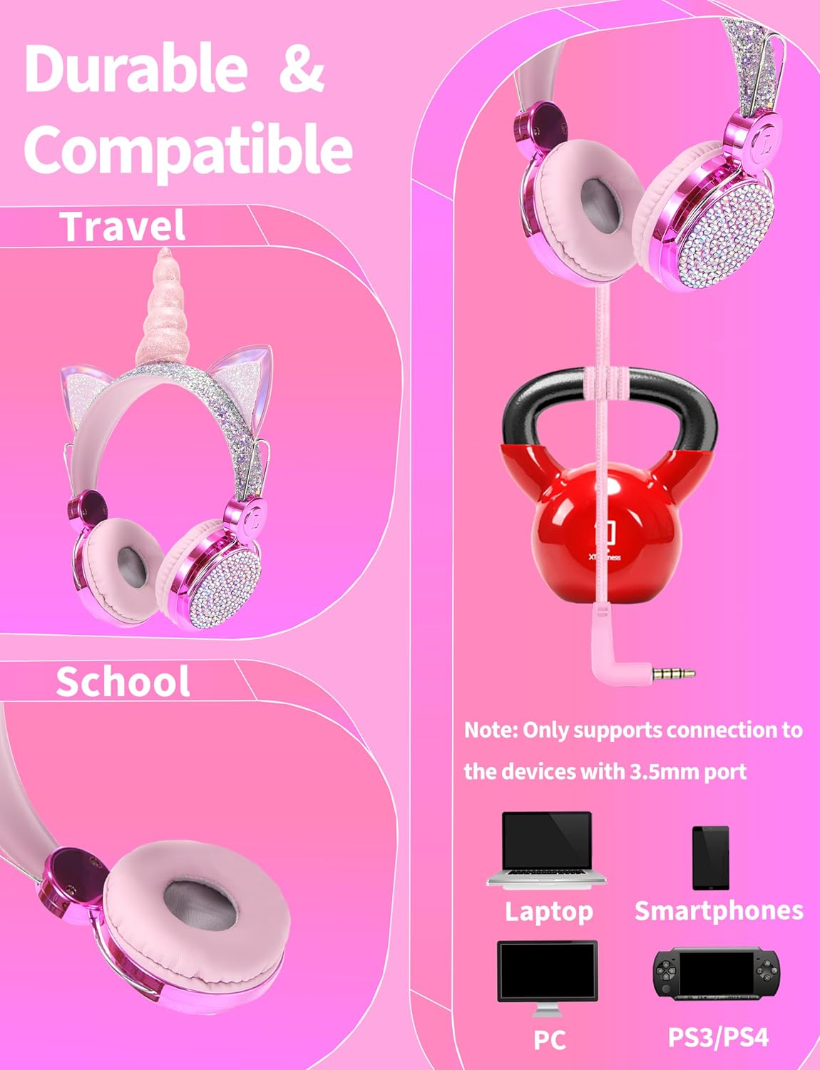 Kids Unicorns Headphones with Mic for School/Travel,95dB Volume Limited,Shareport,On/Over Ear Wired Headsets with Nylon Cable-Purple image 3