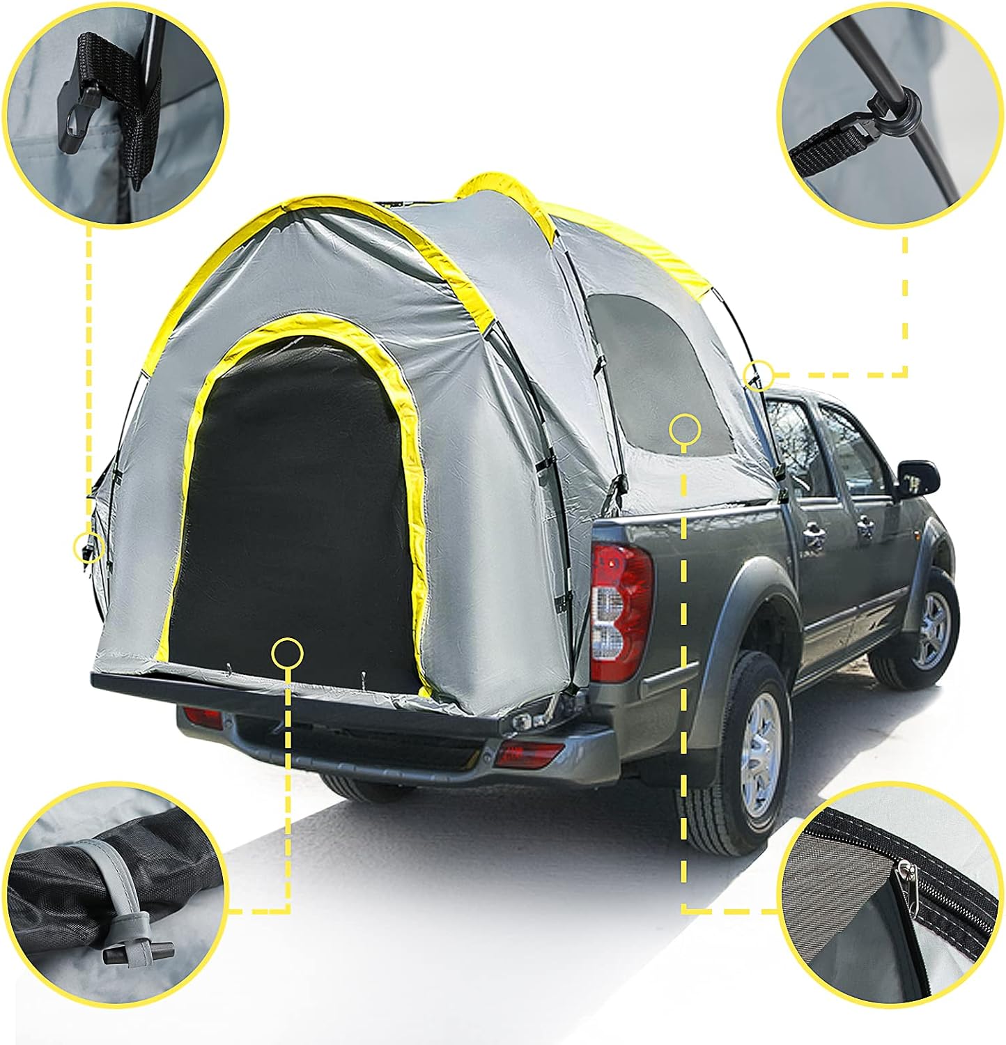 Portable Waterproof Truck Tent PU2000 mm, 6.8' x 5.4' x 5.5' / 8.4' x 5.6' x 5.6' Full Size Truck Tent Camping Hiking Outdoor Oxford Waterproof Pickup Truck Tent can Sleep 2 People, Easy to Install