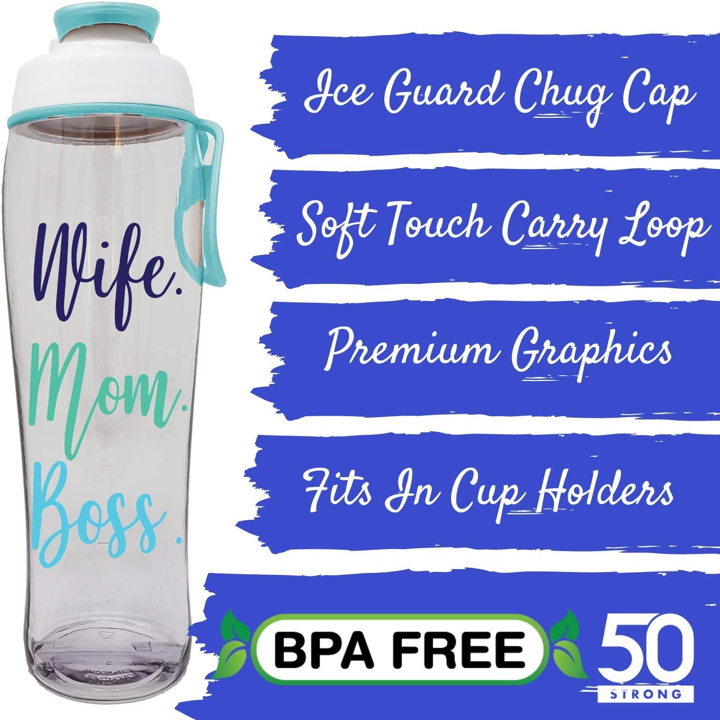 50 Strong BPA-free Reusable Water Bottle with Time Marker, 30 Ounces (Wife Mom Boss)