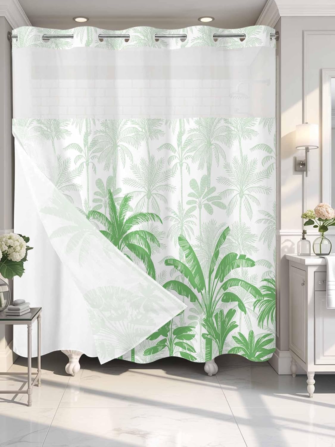 No Hook Shower Curtains with Snap in Liner, Green Tropical Palm Tree Waterproof Fabric Shower Curtain, Summer Botanical Monstera Plants Double Layers See-Through Top Window Bathroom Curtains 72''x78''