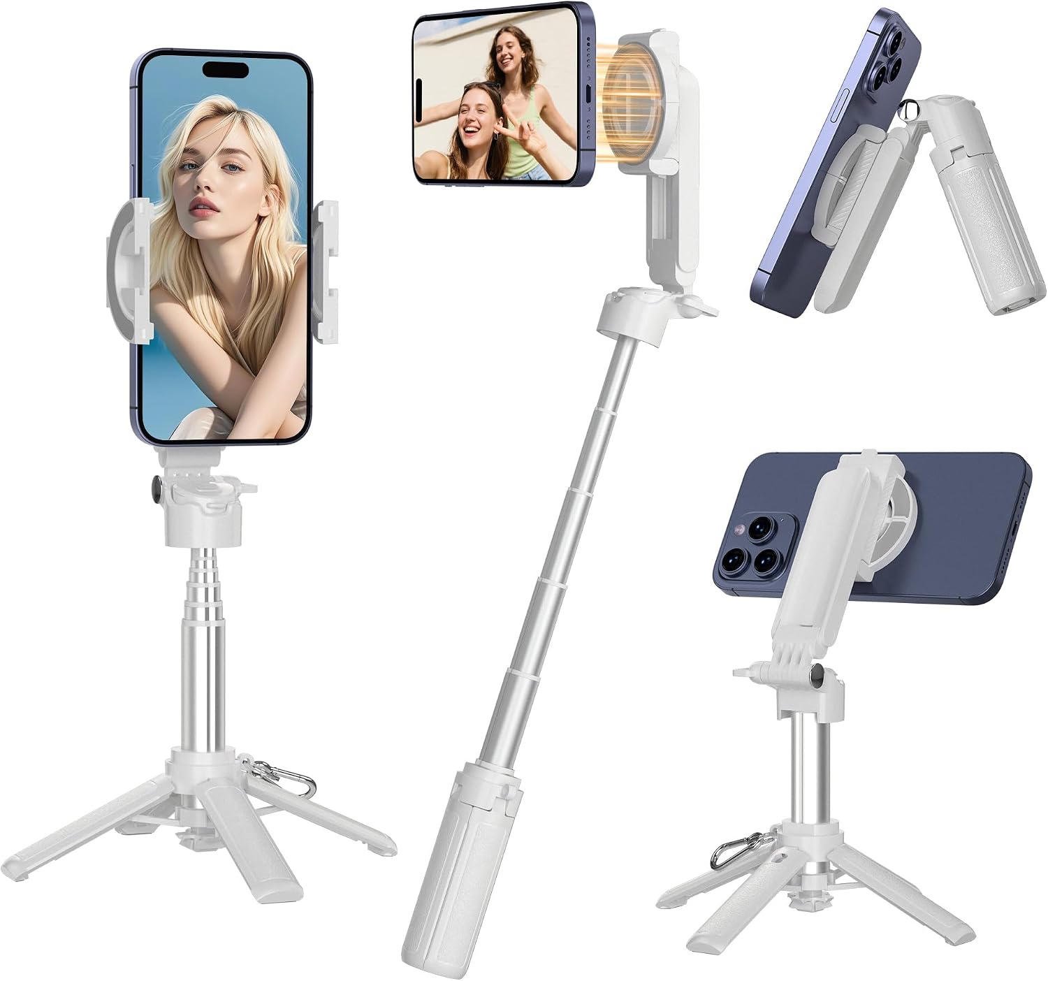 Magnetic Mini Selfie Stick for iPhone, Portable Pocket Size Tripod for iPhone MagSafe/Android with Remote/Cold Shoe Mounts, Small/Compact Cell Phone Tripod Stand for Desk Travel Vlogging-White