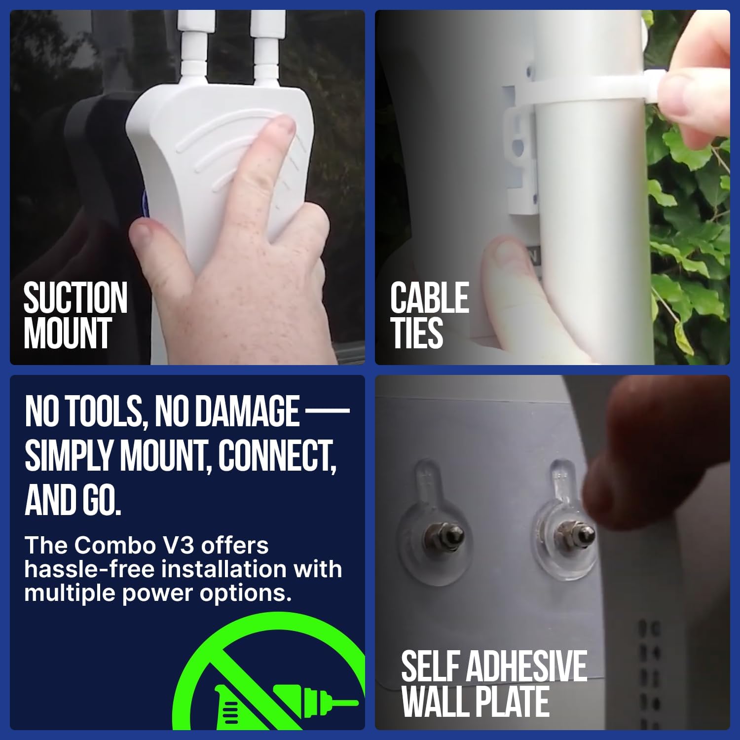Images demonstrating suction mount, cable ties, and self-adhesive wall plate installation methods