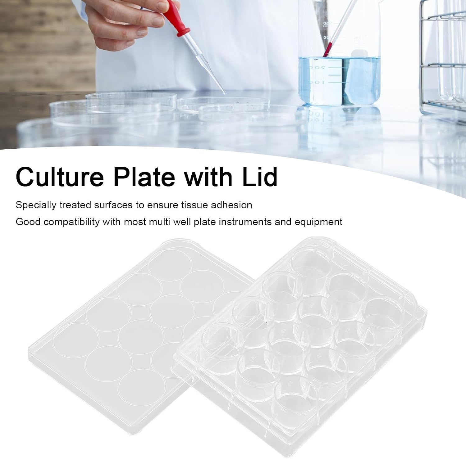 10pcs Culture Plate Thickness Uniform Highly Transparent Tissue Culture Plate with Lid for Laboratory Biology Room (12 Well)
