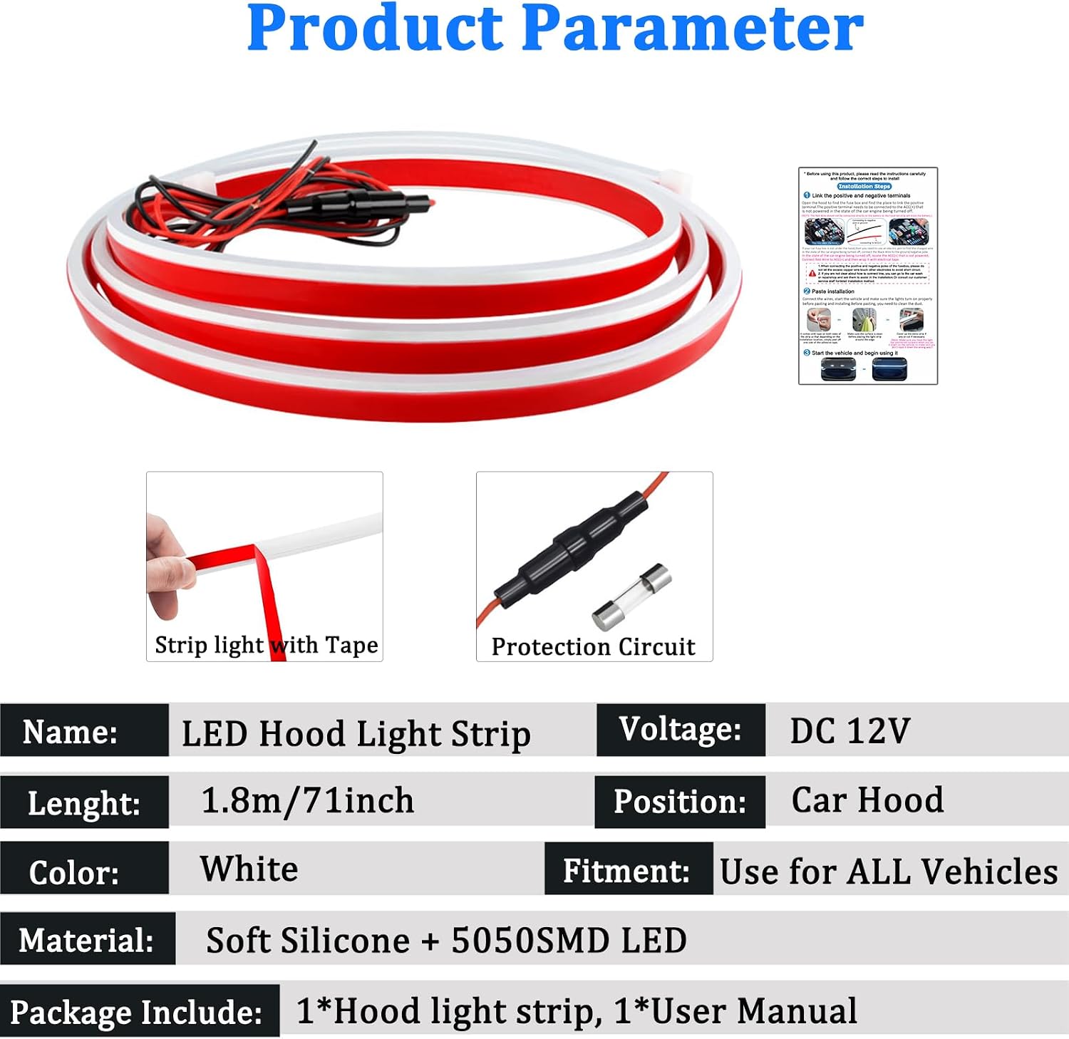 YUGUANG 71 Inch LED Hood Light Strip, White Waterproof Flexible DRL Dynamic Scan Start up Hoodbeam Kit Daytime Running Light Strip for Car Truck SUVs