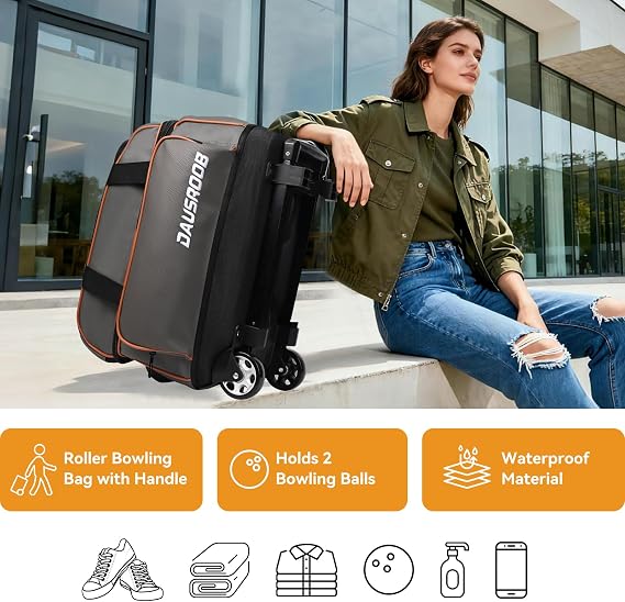 2 Ball Bowling Bag with Wheel,900D Oxford Waterproof PU,Dual Roller Bowling Bag with Sturdy Frame,Large Shoe Compartment Fits Up to Mens 16,Rolling Bowling Tote, Handle Extends to 39.5