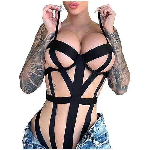 Women Strappy Lingerie Sexy Cut Out Harness Bodysuit Naughty Slutty Deep V Teddy One Piece Lace Babydoll Lingerie - X3-black - One Size