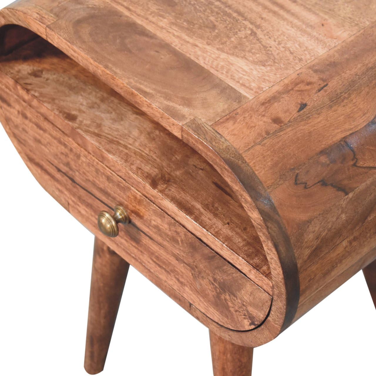Solid Wood Honey Caramel Circular Bedside Table with Open Slot, 1-Drawer, Nordic Legs, Dark Brown for Modern Bedroom Furniture