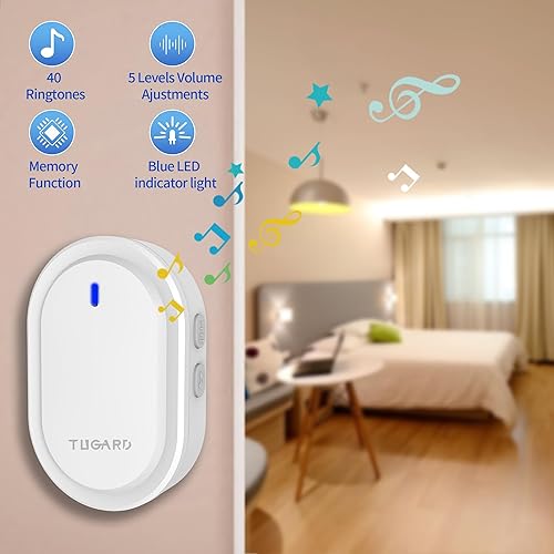 Miniatura 3 de Timbre inalámbrico, mini timbre de 500 pies, rango de 0 a 110 dB, modo de silencio, 40 timbres de puerta, ajuste de volumen de 5 niveles y timbre