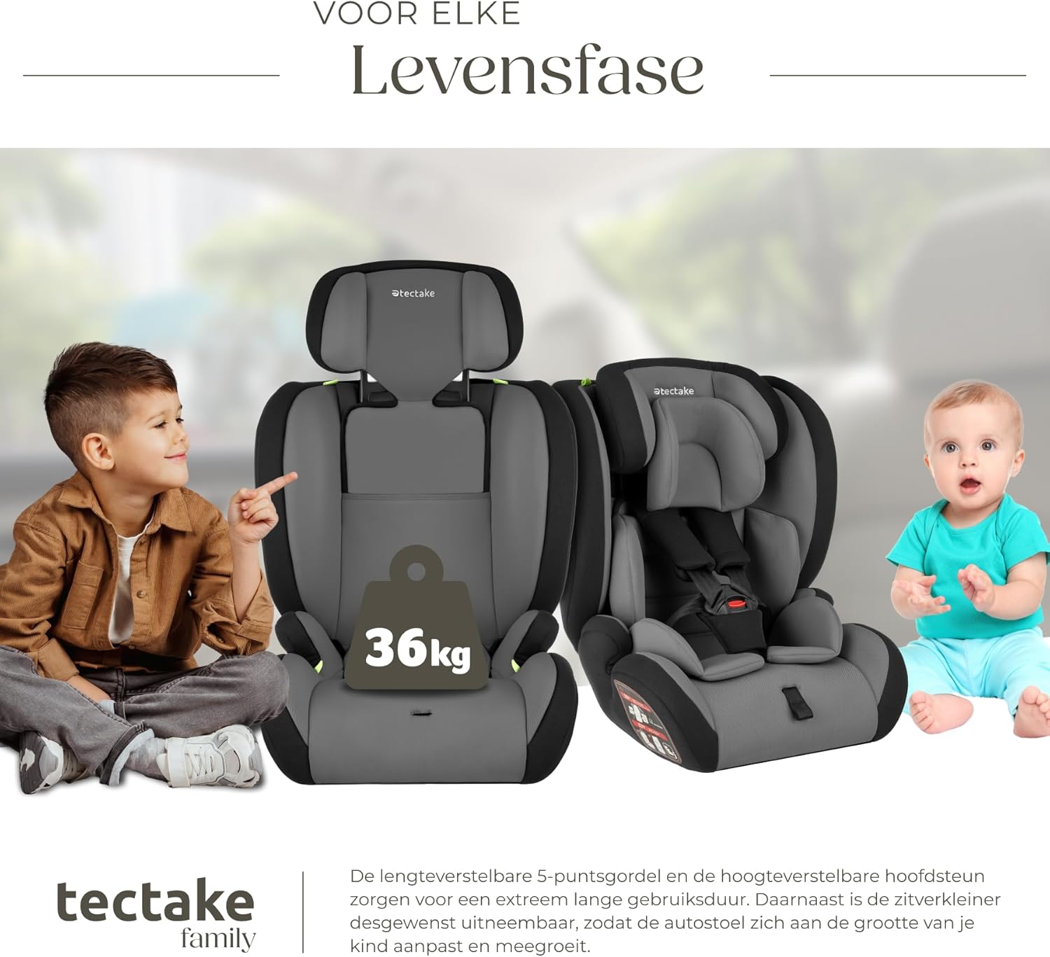 Two children next to the car seat, illustrating its adaptability for different ages and sizes
