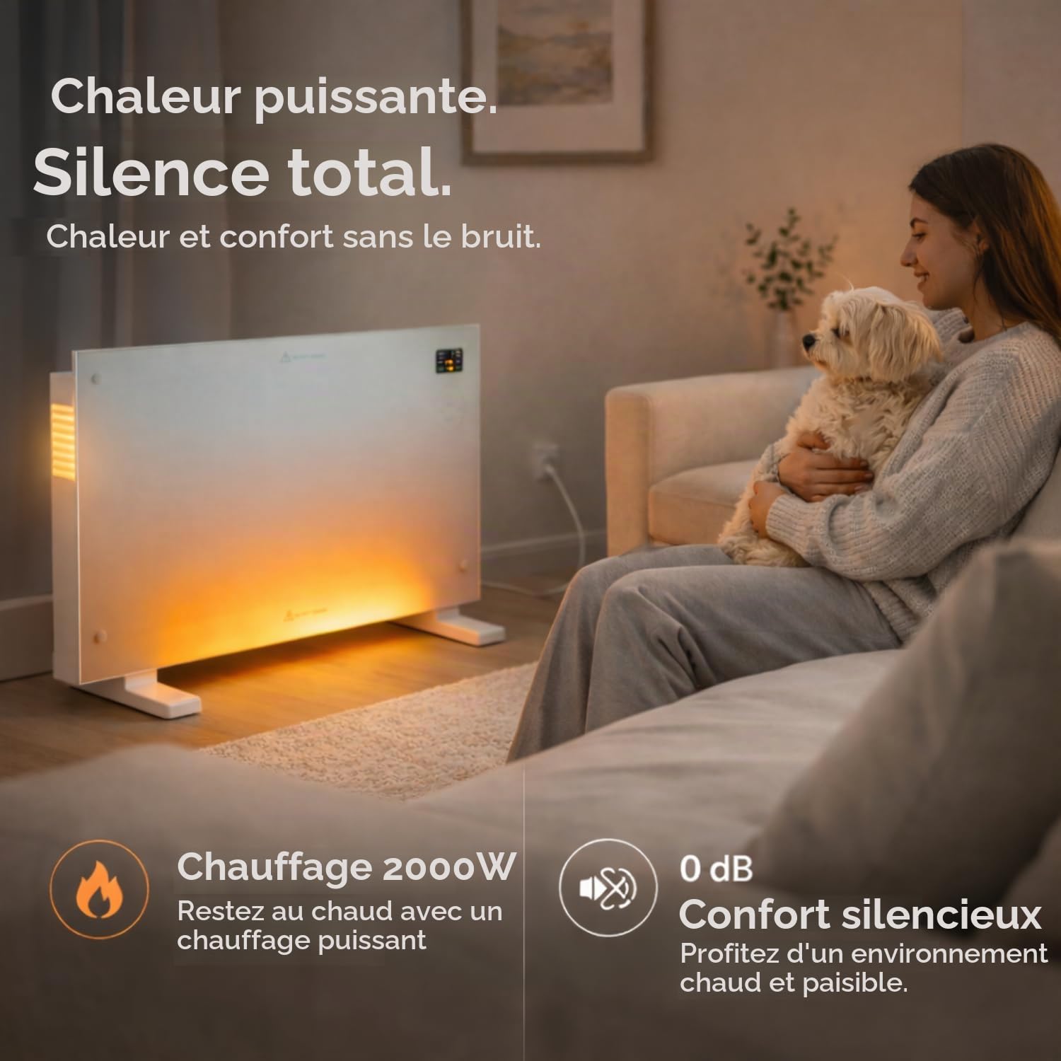 M mimotec – Radiateur convecteur électrique en verre blanc Glass 2000W, silencieux 0 dB, avec écran LED, minuterie et verrouillage enfant, IP24 et anti-surchauffe, installation au sol ou murale.
