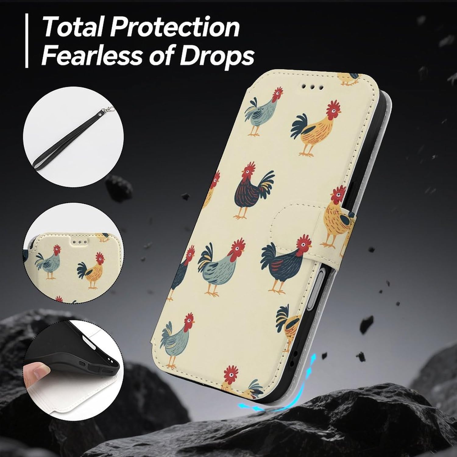 Roosters Chicken Compatible with iPhone 16/16 Plus/16 Pro/16 Pro Max/16 E Case Phone Wallet Card Holder Flip Cover with Wrist Strap
