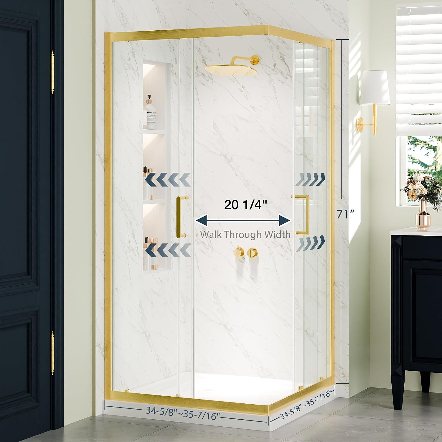 Corner Shower Enclosure 36 in.D x 36 in. W x 71 in. H, Double Sliding Shower Door with 1/4 in. Clear Tempered Glass, Brushed Gold Framed Sliding Shower Enclosure (Shower Base Not Included)