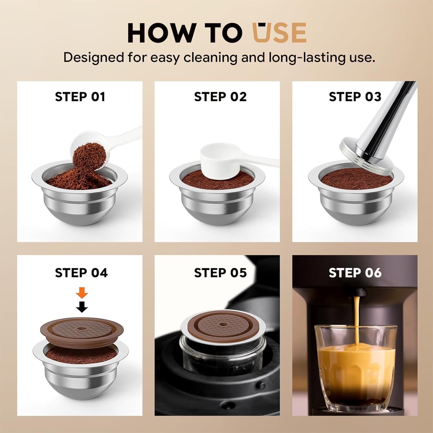 Reusable Stainless Steel Coffee Capsule for Nes-resso Ve-tuo, 80mL Refillable Pod with Food Grade Silicone Lids and 41mm Tamper, Compatible with Ve-tuo Plus/Pop/Next Machines