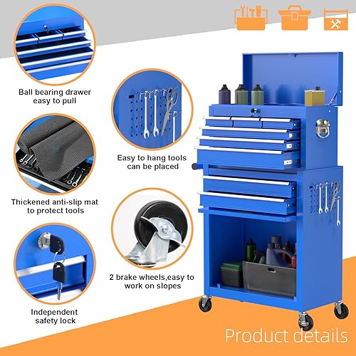 Miniatura 5 de Cofre de herramientas rodante de alta capacidad de 8 cajones, caja de herramientas de almacenamiento extraíble con ruedas y cajones, caja de