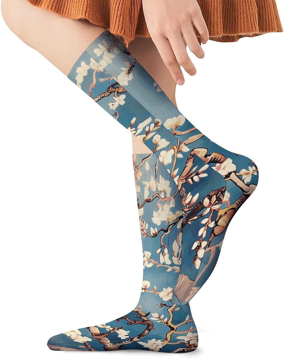 Breathable Crew Sock, Moisture Wicking, Athletic Calf Socks, Cozy | Almond Blossom Compression Socks for Women Men, Lightweight High Work Socks for Business, Casual