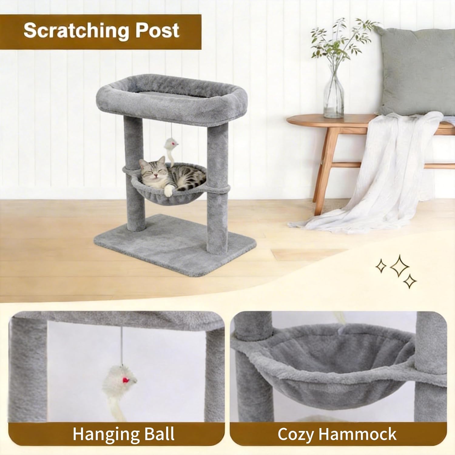 Pawly Small Cat Tree with Hammock & Sisal Scratching Post, Cozy Cat Tower for Indoor Cats up to 25lbs, Plush Top Perch & Interactive Toy, 21 x 16 x 24 Inches, Grey