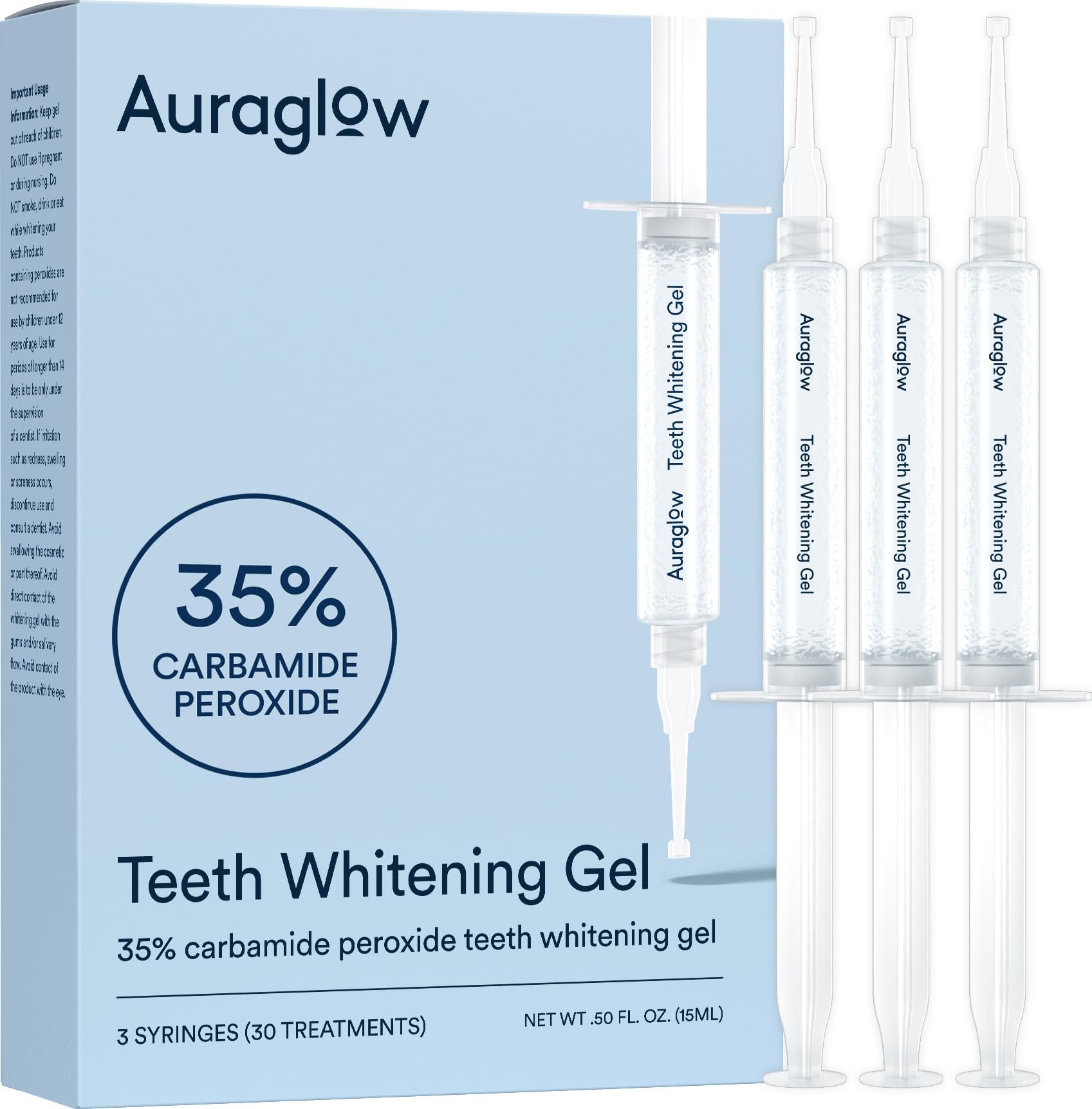 Auraglow 35% Teeth Whitening Gel for Trays, Retainers & Aligners – Dentist Strength Carbamide Peroxide Whitener, 30 Treatments, 3 Syringes (5mL)