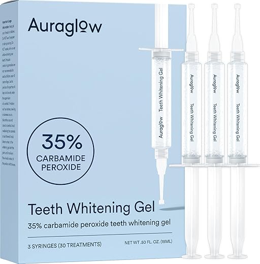 Auraglow 35% Teeth Whitening Gel for Trays, Retainers & Aligners – Dentist Strength Carbamide Peroxide Whitener, 30 Treatments, 3 Syringes (5mL)