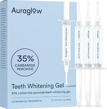 Auraglow 35% Teeth Whitening Gel for Trays, Retainers & Aligners Dentist Strength Carbamide Peroxide Whitener, 30 Treatments, 3 Syringes 5mL