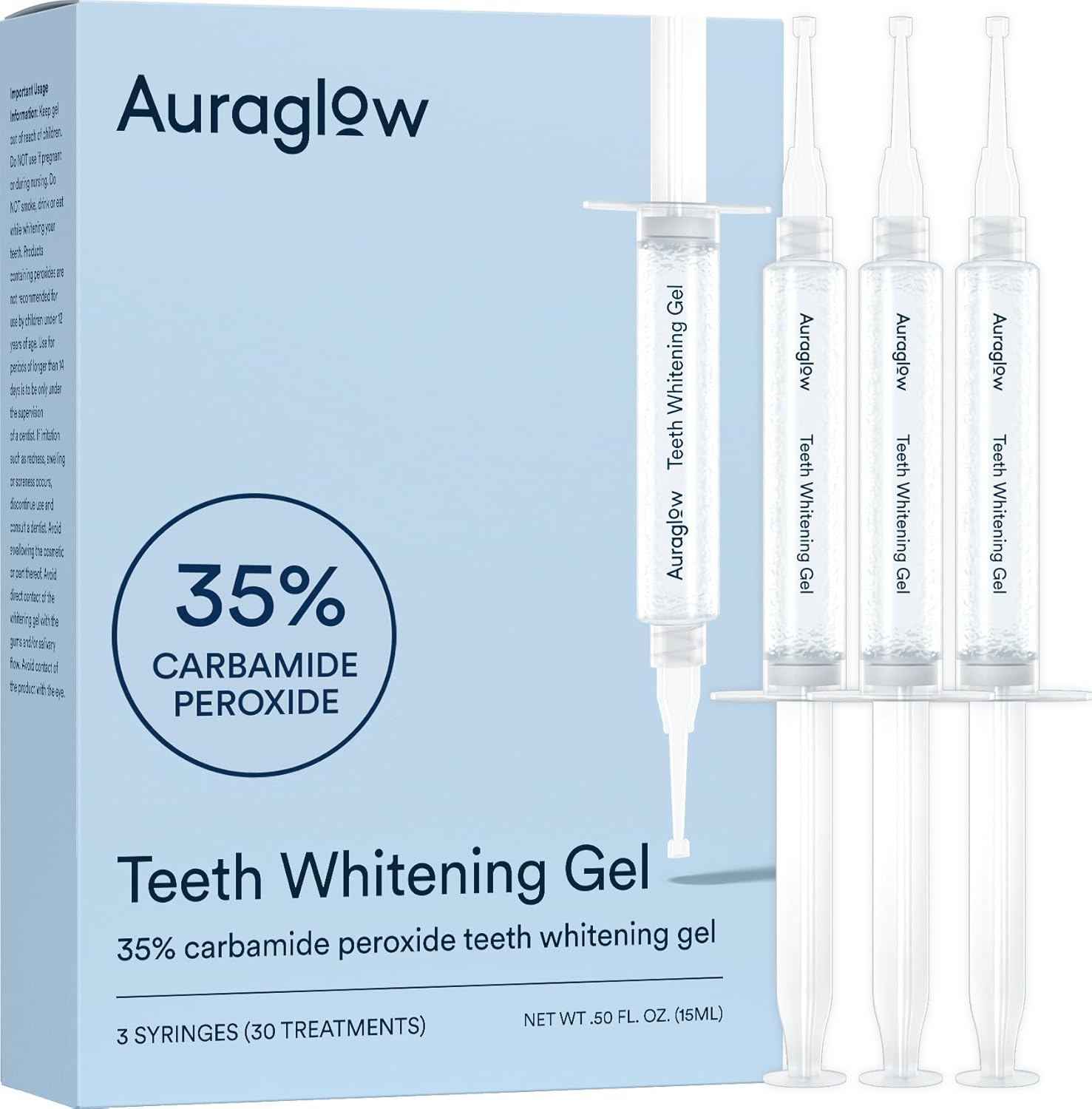 Auraglow 35% Teeth Whitening Gel for Trays, Retainers & Aligners – Dentist Strength Carbamide Peroxide Whitener, 30 Treatments, 3 Syringes (5mL)