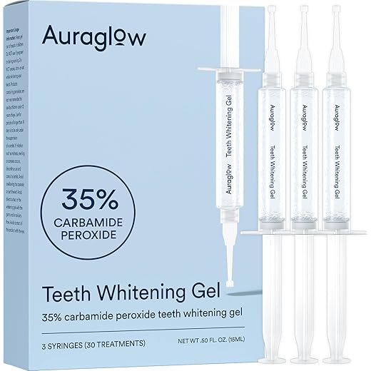 Auraglow 35% Teeth Whitening Gel Syringe Refill Pack, 35% Carbamide Peroxide, 30 Whitening Treatments, (3) 5mL Whitening Gel Syringes, Sensitive Teeth Whitening