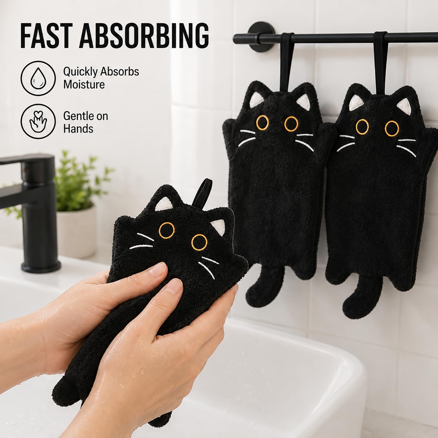 Halloween Hand Towels Halloween Kitchen Towels Black Cute Cat with Hanging Loop Bathroom Dish Towels Home Kitchen Restroom Decor Holiday Party Gift 3Pcs