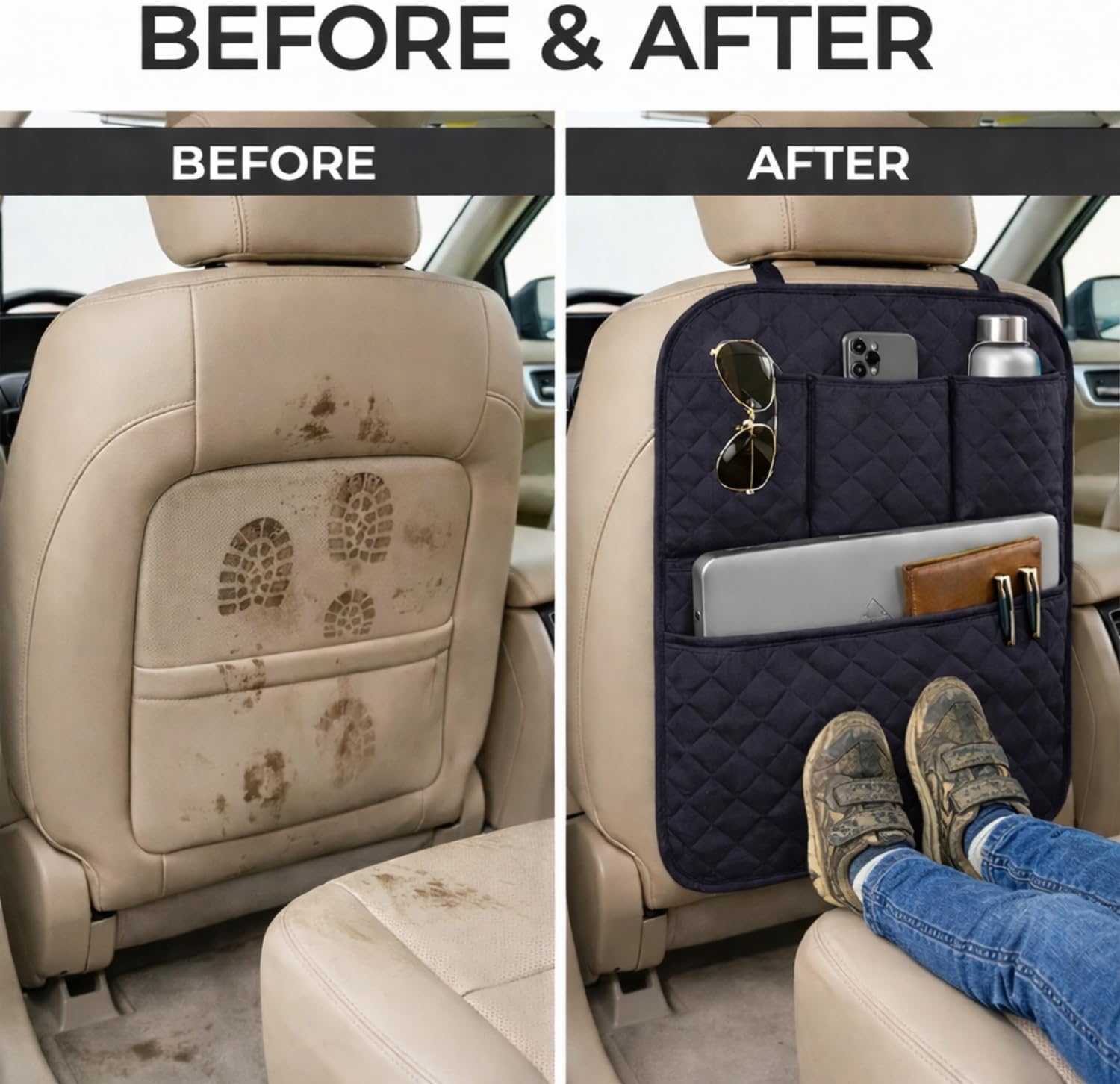 SAVUK 2 Pack Car Back Seat Cover 3 Pocket + 1 XLarge Pocket Organizer Protector from Dirt Scratches Mud Fit All Automotive Model Waterproof Durable Preventing the Impact of Children Kick 17"x25"