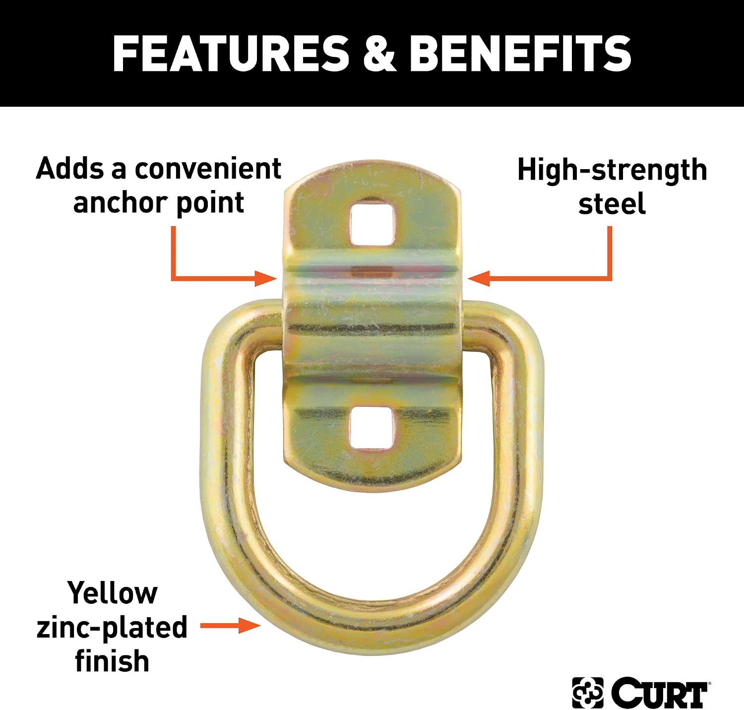 CURT 83740 3 x 3-Inch Surface-Mounted Trailer D-Ring Tie Down Anchor, 11,000 lbs Break Strength, Yellow Zinc