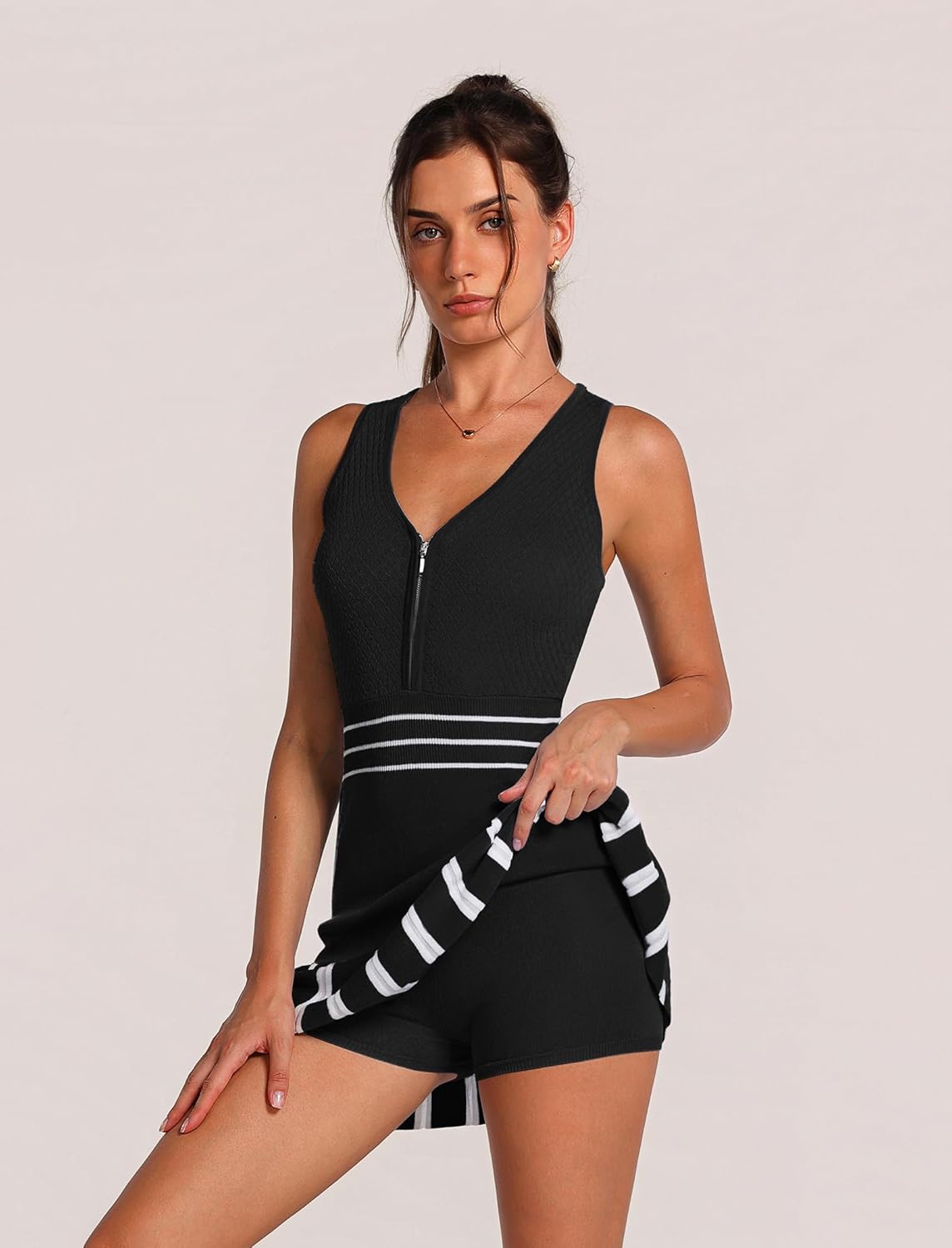 ABOCIW Womens Half Zip Knit Tennis Dress Colorblock Pleated Athletic Dress Sleeveless Workout Golf Dresses with Shorts - Image 4