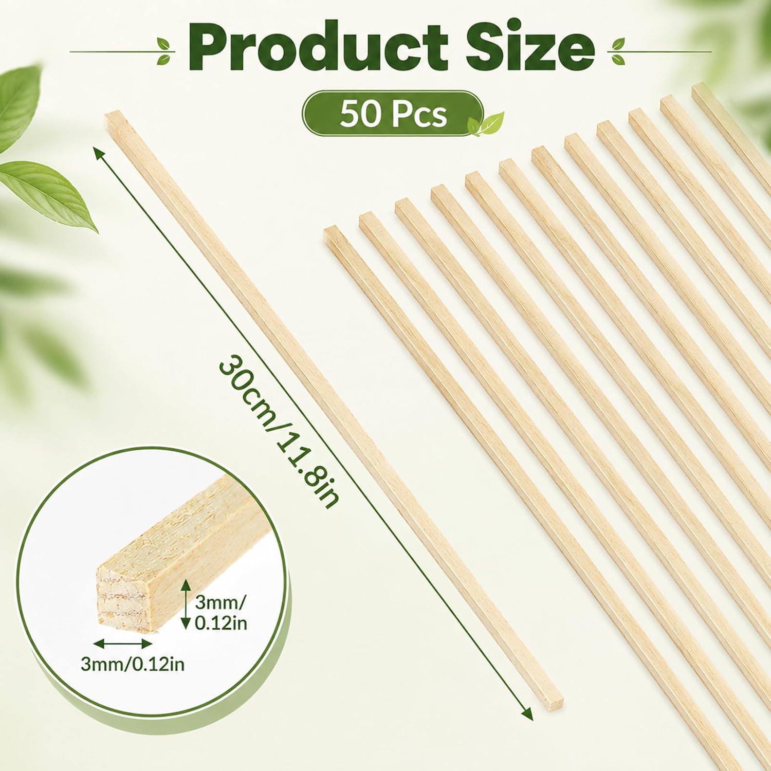 50PCS 1/8"x12" Unfinished Wood Craft Stick Square Wooden Dowels for Crafts