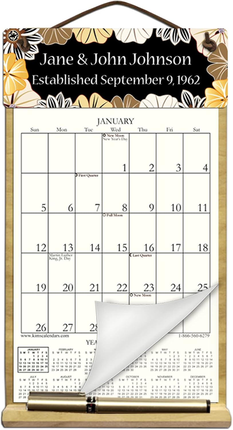 Personalized Small 7" x 12" Wooden Refillable Calendar Holder Filled with the Rest of 2026 and 2027 calendars and Includes an Order Form Page for 2028-Beige Flowers